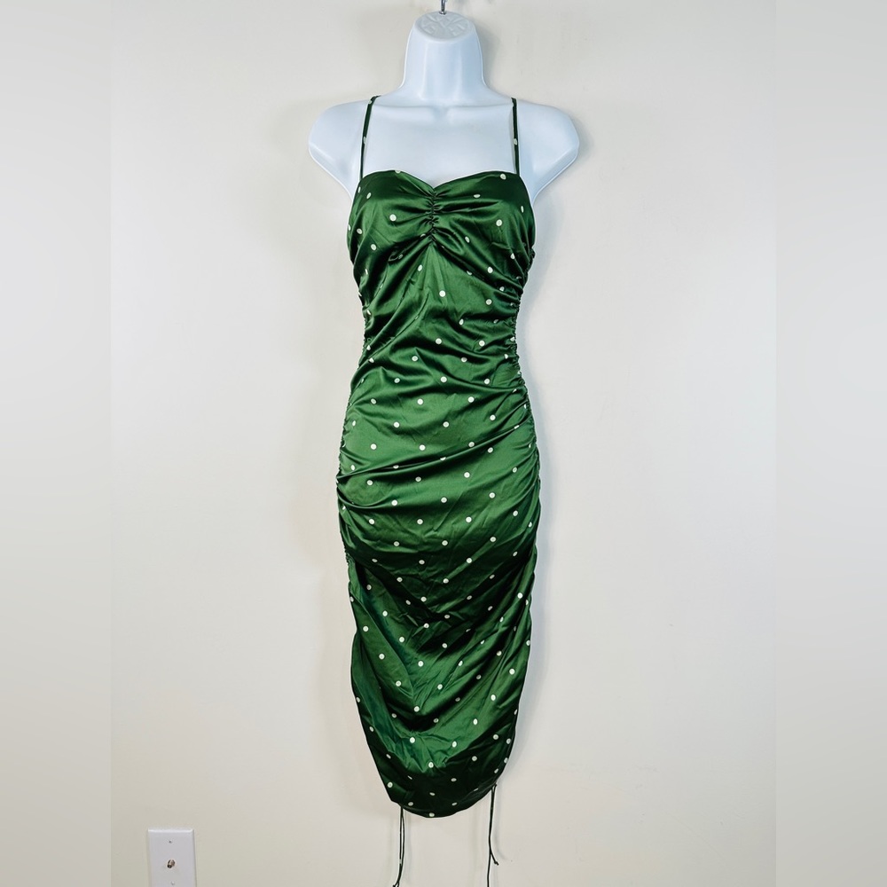 For Love & Lemons Green & White Polka Dot Ruched Spaghetti Strap Dress Size S